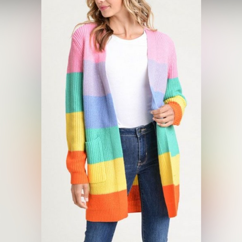 Pastel Rainbow Striped Cardigan Sweater with Open Front and Long Sleeves